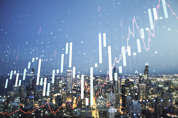 Double exposure of abstract creative financial chart hologram on Chicago skyscrapers background, research and strategy concept