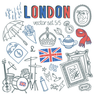 London doodle set. Landmarks, architecture and traditional symbols of English culture. Drawings isolated on white background. Outline stroke is not expanded, stroke weight is editable,city