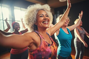 african american woman dancing at dance class in fitness studio. Middle-age women concept, ai...