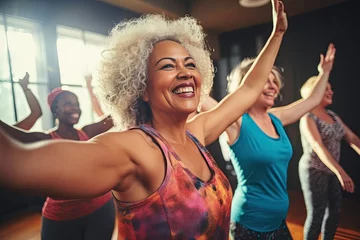 Keuken spatwand met foto african american woman dancing at dance class in fitness studio. Middle-age women concept, ai generative © mariof