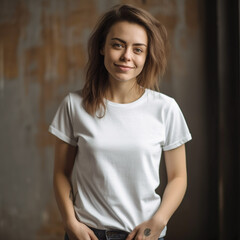 Fototapeta premium pretty white girl in white t-shirt plain background