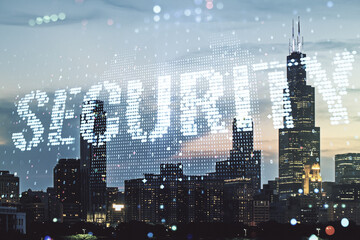 Virtual cyber security creative concept on Chicago city skyline background. Double exposure