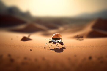 Ant in desert carying a drop of water on its back