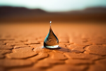 Single drop of water falling in the desert