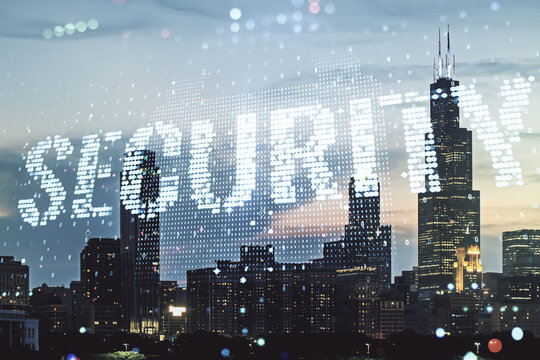 Virtual cyber security creative concept on Chicago city skyline background. Double exposure