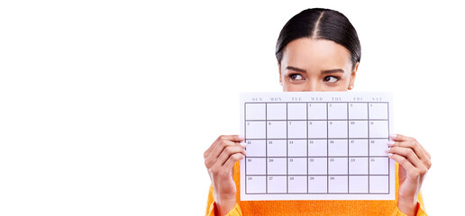 Calendar, thinking and date with a woman hiding while isolated on a transparent background for...