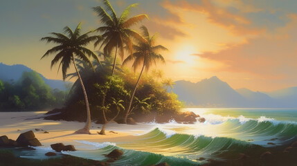 Painted tropical landscape with ocean surf around small island