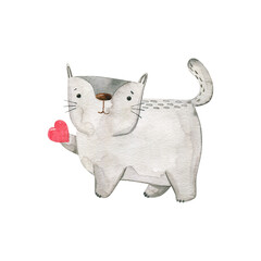 grey cat hold a red heart on his paw . Cute watercolor isolated illustration