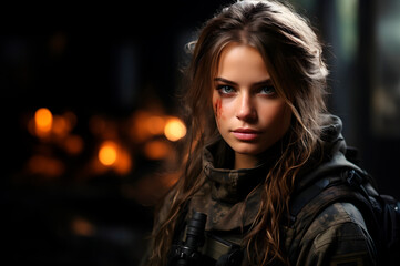 Portrait of a beautiful girl in military uniform. Professions concept