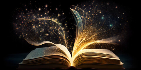 An open book with sparkles coming out of it ideal for fantasy and literature backgrounds. generative AI.