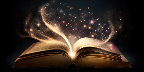 An open book with sparkles coming out of it ideal for fantasy and literature backgrounds. generative AI.