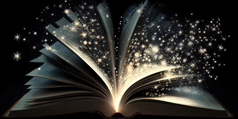 An open book with sparkles coming out of it ideal for fantasy and literature backgrounds. generative AI.