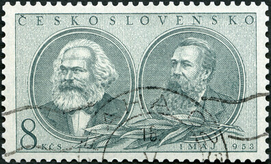 CZECHOSLOVAKIA - 1953: shows portrait Karl Marx (1818-1883), Friedrich Engels (1820-1895), Labor Day May 1, 1953