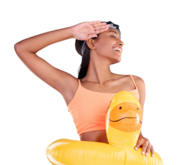 Happy woman, portrait and swimming with inflatable duck or salute with toy on vacation on isolated or transparent png background. Excited, girl and swim in pool with funny floatie, bikini or swimwear