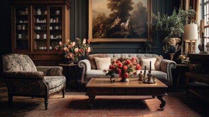 a beautifully decorated living room with antique furniture and famous paintings - obrazy, fototapety, plakaty