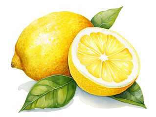 Fresh Lemon Isolated on White Background. Watercolour Illustration. Lemon cut in Half and with Lemon Leafs. - obrazy, fototapety, plakaty