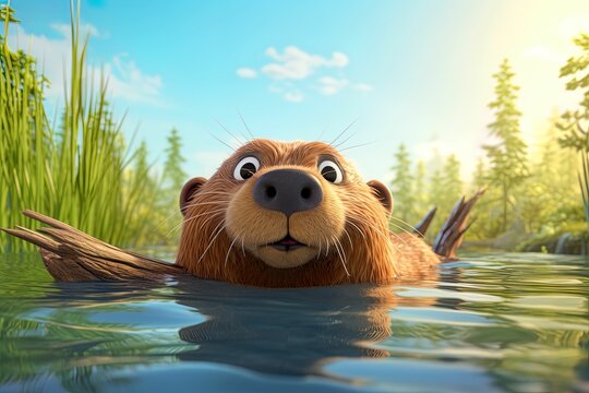 3D cartoon otter swimming in water, cute otter, swimming otter, close-up of otter