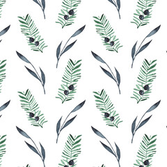 Watercolor floral pattern. Seamless texture with natural elements on white background.