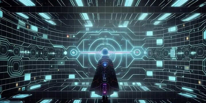 Robotics in a futuristic matrix scenery screensaver. Generative AI