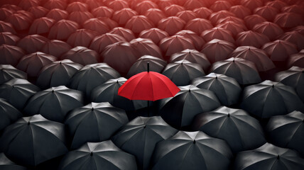 image of a red umbrella between black umbrellas,generative ai