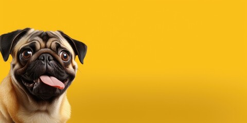 Happy and funny pug dog on a completely yellow background with space for text
