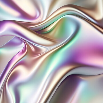 Pastel iridescent abstract shiny plastic silk or satin wavy background. 