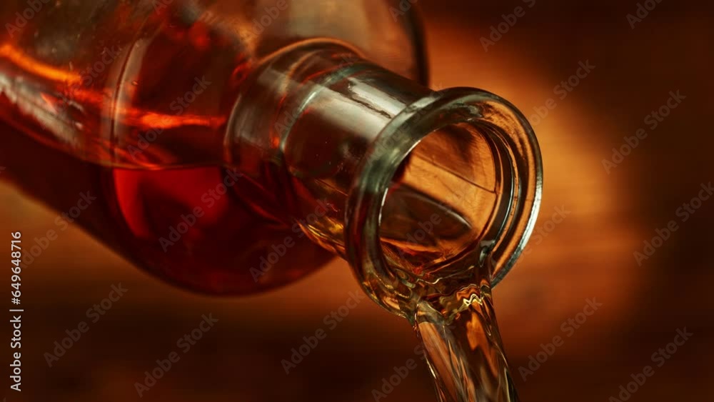 Poster super slow motion of pouring whisky from bottle. filmed on high speed cinema camera, 1000 fps, place