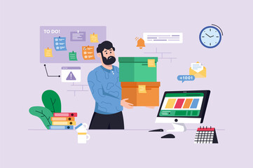 Deadline violet background concept with people scene in the flat cartoon style. Man is trying to complete many tasks before the deadline.  illustration.