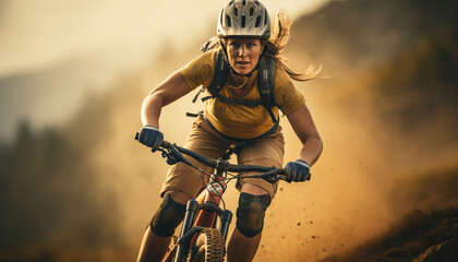 Concepto de deporte y aventuras. Mujer en carrera MTB de bicicleta en una montaña. Fondo de acción y velocidad. Ia generada. - obrazy, fototapety, plakaty