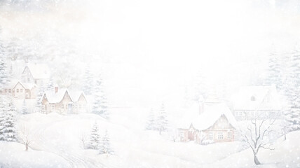white snowfall design background, illustration christmas background, small abstract houses in heavy snowfall, blurry winter view of snow falling