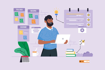 Planning violet background concept with people scene in the flat cartoon style. Employee reviews his list of plans for the day.  illustration.