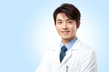 Portrait of young Asian male doctor on blue background. empty space