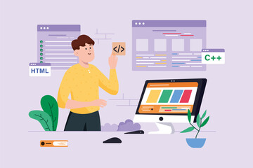 Programming software violet background concept with people scene in the flat cartoon design. Programmer works on creating software for different servers.  illustration.