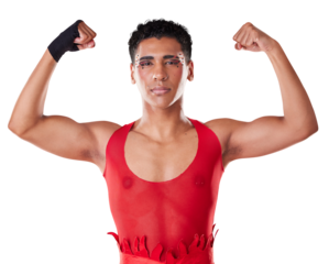 Strong, portrait and gay man with arms for boxing isolated, transparent or png background with muscle, power or flexing. Strength, training and lgbt fighter show healthy body for a fight or sports