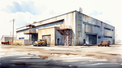 Fototapeta na wymiar Industrial warehouse watercolor illustration - Generative AI.