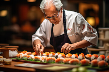 Senior man sushi master preparing niguiris in a Japanese restaurant - Powered by Adobe