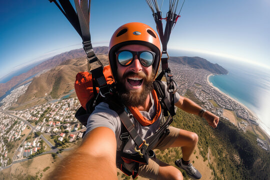 Man on a paraglider taking a selfie on the descent