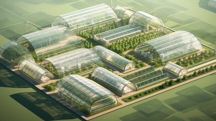 isometric view, sprawling architectural wonder of a farmstead, seamlessly blending with the natural...