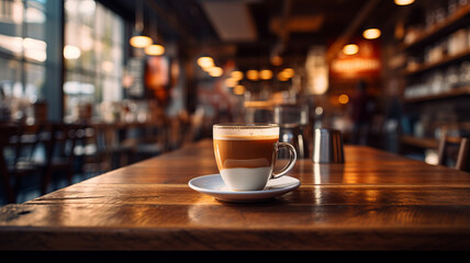 photograph of Blurred background image of coffee shop wide angle lens realistic lighting - obrazy, fototapety, plakaty