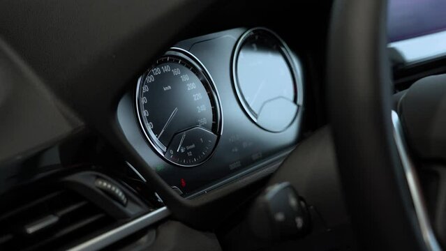 Kyiv, Ukraine - APRIL 12, 2023 BMW X1 Interior dashboard closeup from divers side