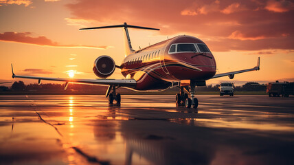 photograph of Luxury private vip business jet macro lens sunset lighting - obrazy, fototapety, plakaty