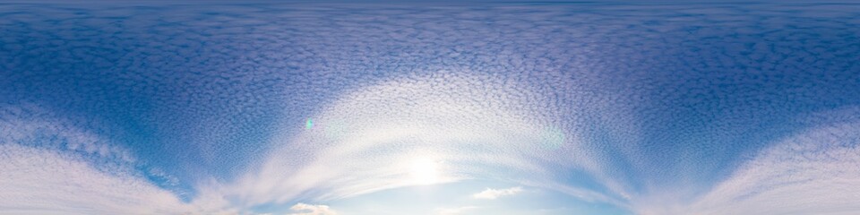 Sunset sky panorama with bright glowing pink Cirrus clouds. HDR 360 seamless spherical panorama. Full zenith or sky dome in 3D, sky replacement for aerial drone panoramas. Climate and weather change.