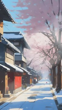 Beautiful winter in Japan. Cartoon or anime watercolor painting illustration style. seamless looping time-lapse virtual vertical video animation background.