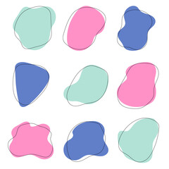 A set of abstract amoeba blob shapes in vibrant colors. Pink, blue, green doodle drops.