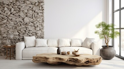 Modern living room interior with white sofa, plant and coffee table. Render ai generative