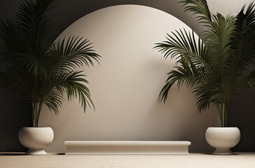 Obraz premium 3d arches and two palm leaves on the pot background for display products with podium on beige wall. 3d minimal podium and scene. copy space