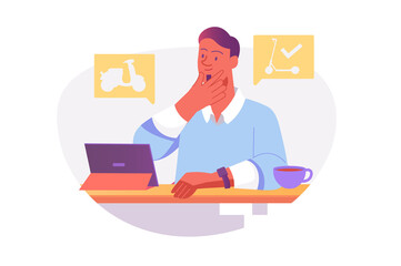 Ecological transport Asian concept with people scene in the flat cartoon design. Man chooses an eco transport in an online store.  illustration.