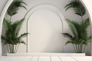Fototapeta premium 3d arches and two palm leaves on the pot background for display products with podium on beige wall. 3d minimal podium and scene. copy space
