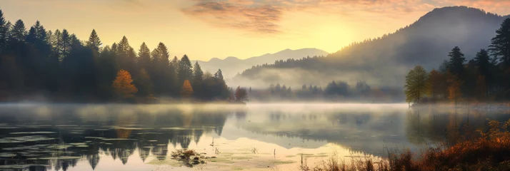 Washable wall murals Morning with fog Beautiful autumn forest scene . Colorful morning view on foggy lake and mountains at sunrise time. Beauty of nature concept background.