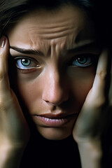 Fototapeta premium A very close up of the face of a worried woman holding her head.genetarive ai